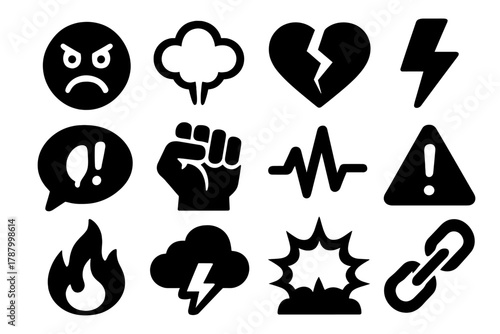 Brutalist Anger Icons. Emotional Anger silhouette icon set: angry face, steam cloud, heart with crack, lightning, shouting symbol, clenched hand, pulse spike, warning triangle,