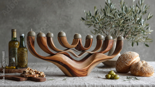 Hanukkah celebration concept, modern menorah with olive wood