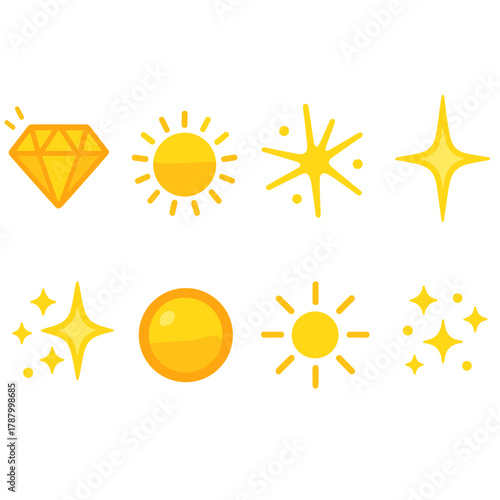 Luminous Icon Collection. Luminous Brilliance Pack flat icons: glowing gem, radiant sun, flare burst, star sparkle, shimmer trail, glowing orb, bright light, sparkle dust