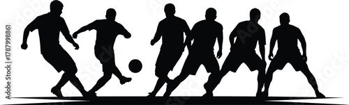 Black vector silhouette illustration of soccer players in dynamic action sequence dribbling and running against a white background