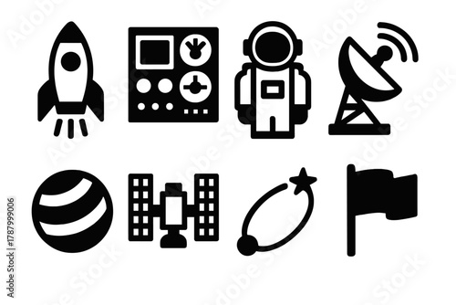 Space Mission Icons. Space Missions silhouette icon set: rocket, control panel, astronaut, satellite dish, planet, space station, trajectory, flag.