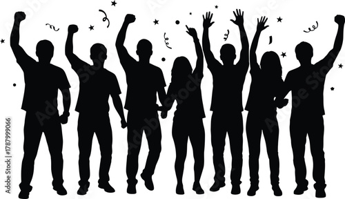 Celebrating Group Silhouette Vector with Raised Arms and Confetti Happy People Cheering at a Party or Event