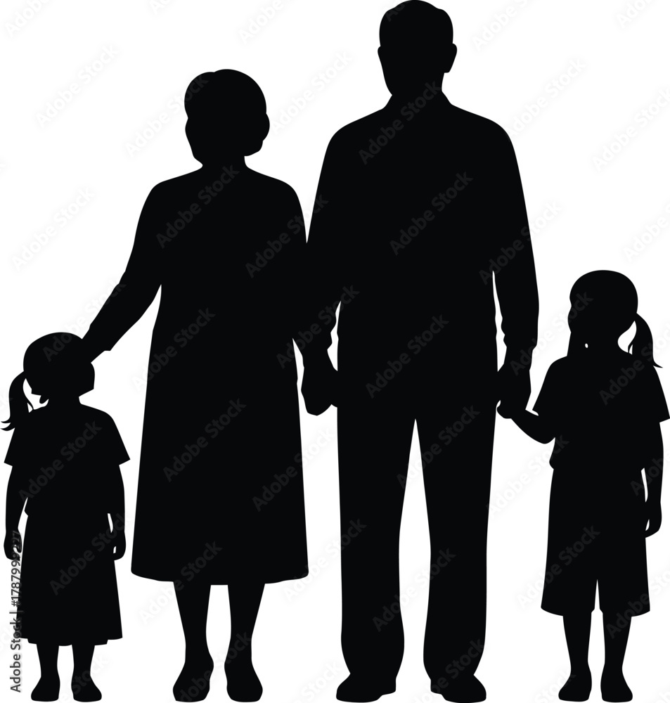Obraz premium Intergenerational Family Silhouette Grandparents and Two Granddaughters Holding Hands Vector Illustration