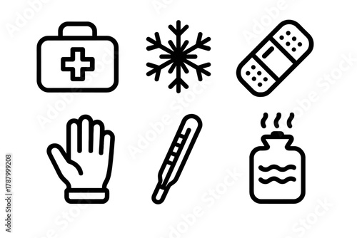 Winter Medical Essentials. Winter First Aid linear icon set: medical kit, snowflake, bandage, glove, thermometer, hot pack.