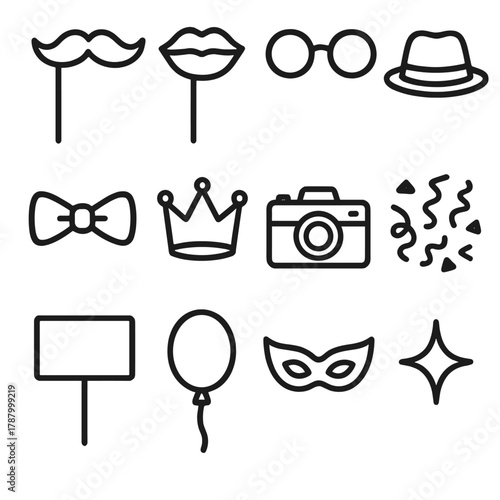 Photo Booth Accessories. Photo Booth Props Set linear icon set: mustache stick, lips, glasses, hat, bow tie, crown, camera, confetti, sign card, balloon, mask, sparkle.