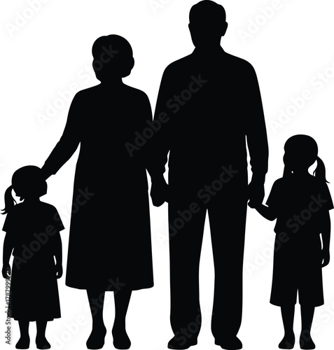Intergenerational Family Silhouette Grandparents and Two Granddaughters Holding Hands Vector Illustration