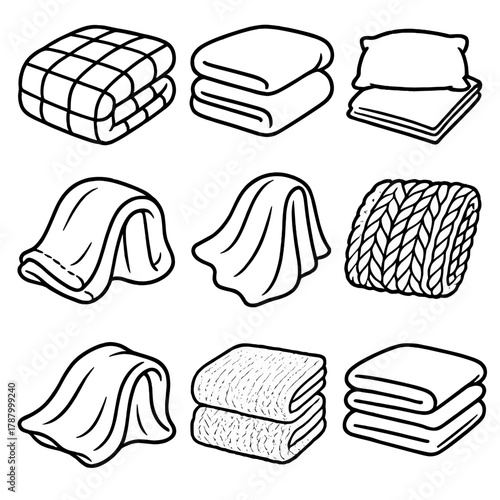 Cozy Fabric Icons. Soft Fabric Layers linear icon set: soft quilt, folded blanket, pillow pile, linen texture, fleece wrap, velvet cloth, wool knit, layered bedding.