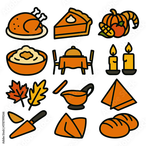 Brutalist Thanksgiving Icons. Thanksgiving Celebration Set silhouette icon set: roast turkey, pumpkin pie, cornucopia, cranberry sauce, mashed potatoes, dinner table, candles,