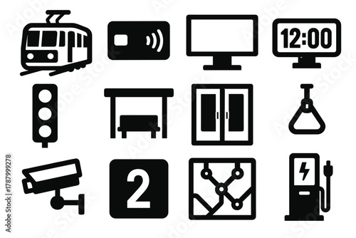 Brutalist Transit Icons. Modern Transit silhouette icon set: electric tram, contactless card, display screen, digital clock, signal light, tram shelter, glass doors, handrail,