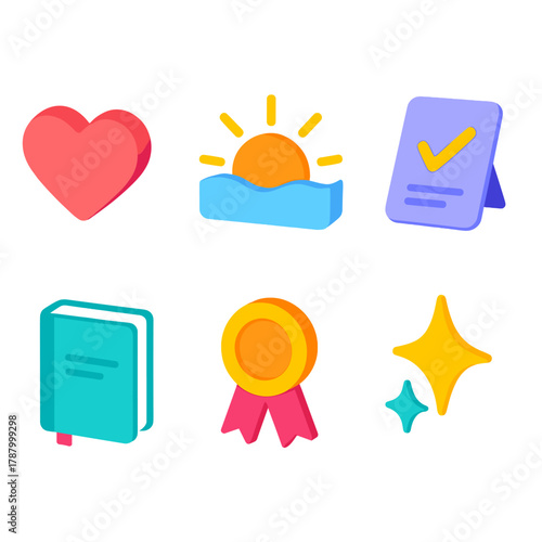 Isometric Icon Collection. Personal Growth Board modern flat icons set: heart icon, sunrise, affirmation card, journal, ribbon, sparkle.
