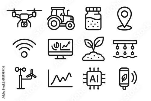 Smart Farming Icons. Smart Farming Tools linear icon set: drone, tractor, soil sample jar, GPS marker, wireless node, analytics dashboard, plant sprout, irrigation pipe, weather