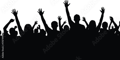 Silhouetted crowd with raised hands at concert or party audience cheering vector illustration