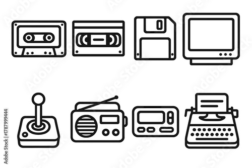 Vintage Electronics Icons. Vintage Electronics linear icon set: cassette tape, VHS, floppy disk, CRT monitor, joystick, radio, pager, typewriter.