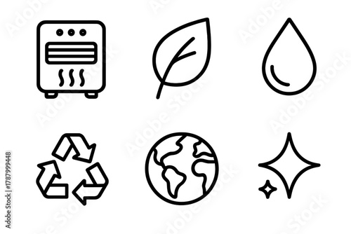 Eco-Friendly Icon Set. Clean Environment linear icon set: air purifier, green leaf, droplet, recycle symbol, globe, sparkle.