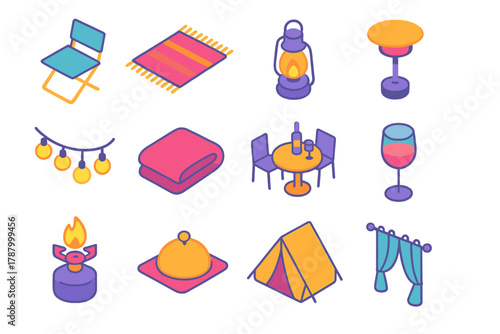 Outdoor Comfort Icons. Outdoor Comfort modern flat icons set: camp chair, rug, lantern glow, heater, string lights, comfy blanket, table setup, wine glass, camp stove, serving tray
