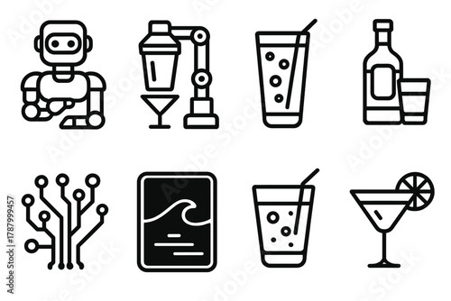 Futuristic Cocktail Icons. Futuristic Cocktail Lounge linear icon set: robot bartender, drink mixer, glowing glass, bottle, circuit board, neon wave, straw, lime slice.
