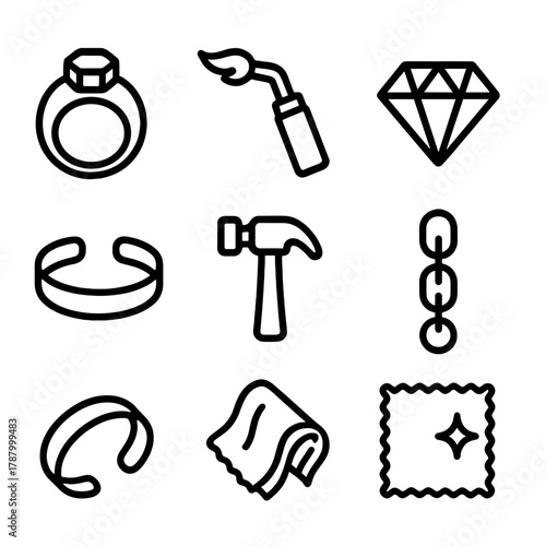 Jewelry Crafting Tools. Metalwork Jewelry linear icon set: ring mold, torch, gemstone, file, bracelet, hammer, chain, polishing cloth.