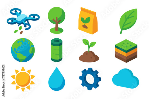 Eco Drone Icons. Eco Drone Planting Icons modern flat icons set: drone, tree, seed bag, leaf, globe, battery, sprout, soil layers, sun, water droplet, gear, cloud.