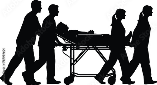Medical staff silhouettes moving patient on stretcher Emergency room workers pushing gurney flat vector illustration