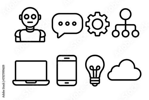 Digital Aide Icons. Intelligent Digital Aides linear icon set: humanoid robot, chat icon, settings, data network, laptop, phone, light bulb, cloud.
