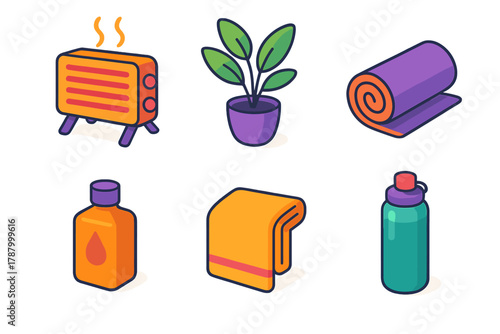 Cozy Studio Icons. Warm Studio modern flat icons set: heater, plant, rolled mat, essential oil, towel, water bottle.