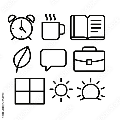 Daily Essentials Icons. Balanced Workday linear icon set: alarm clock, coffee mug, journal, briefcase, leaf, chat bubble, window, sunshine.