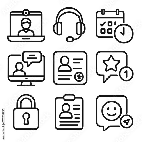 Digital Consultation Icons. Virtual Consultation linear icon set: laptop camera, headset, calendar appointment, ID badge, chat screen, patient profile, feedback star, notification