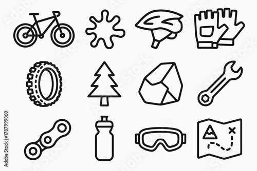 Off-Road Cycling Icons. Off-Road Cycling Icons linear icon set: mountain bike, mud splash, helmet, gloves, tire, tree, rock, wrench, chain, bottle, goggles, map.