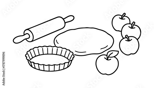 apple pie ingredients and tools. rolling pin, dough, pie tin, and whole apples. Black and white line art illustration, for coloring pages, cooking blogs, and recipe graphics. Vector illustration