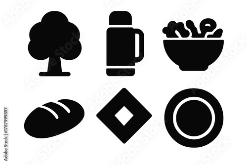 Brutalist Park Picnic Icons. Park Lunch silhouette icon set: tree, thermos, salad bowl, bread loaf, napkin, plate.