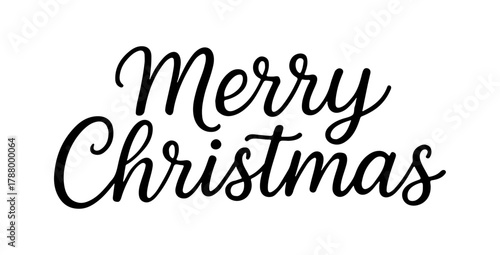 Black script lettering forming the hand written phrase  Merry Christmas.  Elegant vector typography isolated, perfect for greeting cards, seasonal banners, print projects, and holiday decals