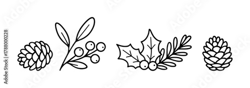 Winter foliage set. pine cones, a berry sprig, holly with leaves. black and white line art. Stylized vector outlines. for holiday pattern brushes, greeting card borders, and seasonal decor elements.