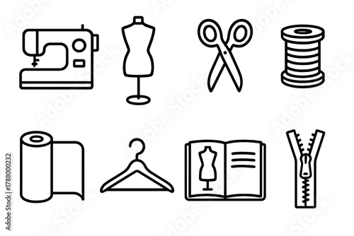 Fashion Tools Icons. Fashion and Craft linear icon set: sewing machine, mannequin, scissors, thread spool, fabric roll, hanger, sketchbook, zipper.