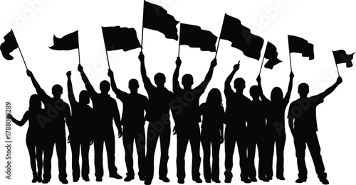Black Silhouette of Protesting Crowd Holding Blank Flags High Representing Unity Activism and Political Demonstration