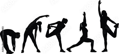 Woman Stretching Silhouettes Set Fitness and Exercise Warm Up Poses Vector Graphic
