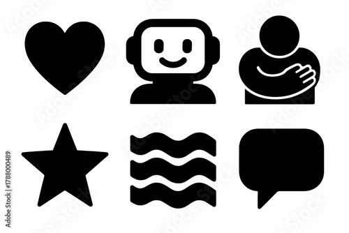 Brutalist Robot Icons. Emotional Support Robots silhouette icon set: heart icon, face screen, hug gesture, star, wave pattern, chat bubble.