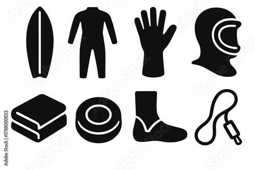 Cold Water Surf Icons. Cold Water Gear silhouette icon set: surfboard, wetsuit, gloves, hood, booties, towel, wax, leash.