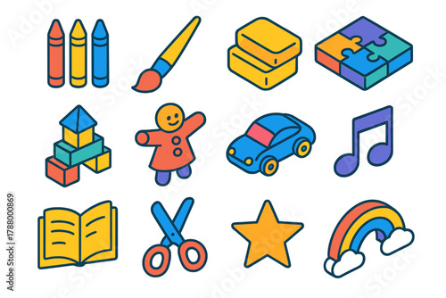 Vibrant Playtime Icons. Creative Playtime modern flat icons set: crayons, paintbrush, clay, puzzle, building blocks, puppet, toy car, musical note, book, scissors, star, rainbow.