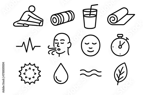 Wellness Iconography. Recovery & Balance linear icon set: stretching pose, foam roller, smoothie glass, yoga mat, pulse icon, deep breath symbol, relaxed face, cooldown timer,