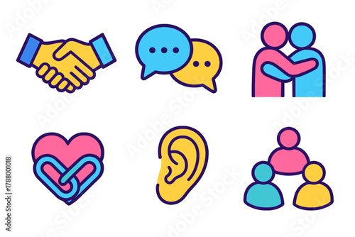 Empathy Icon Set. Empathy & Connection modern flat icons set: handshake, conversation bubble, hug outline, heart link, listening ear, group circle.