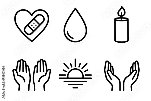 Healing Symbols Icons. Inner Recovery linear icon set: heart, bandage, tear drop, candle, open hands, sunrise.