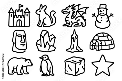 Winter Wonderland Icons. Artistic creations linear icon set: snow castle, animal figure, ice dragon, snowman, face sculpture, abstract shape, frozen tower, igloo, polar bear,