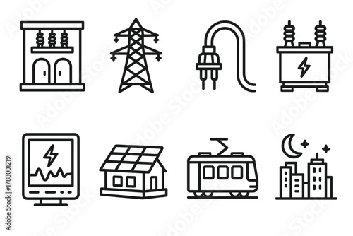 Urban Energy Icons. Urban Power Systems linear icon set: substation, high-voltage tower, transformer, underground cable, energy monitor, rooftop solar, electric tram, night skyline