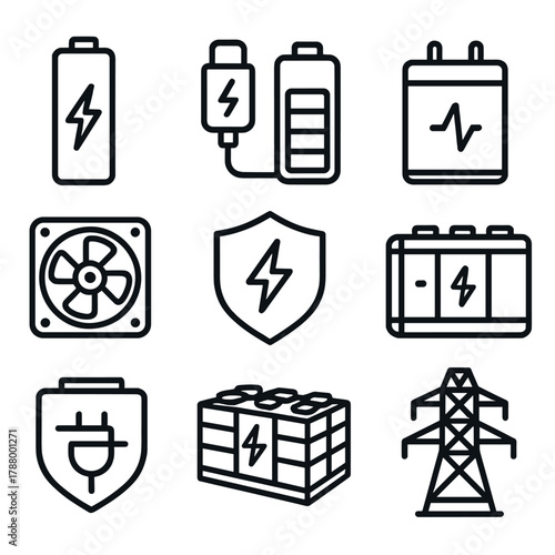 Battery Components Outline Icons. Battery Systems linear icon set: lithium-ion cell, charging cable, energy gauge, power inverter, cooling fan, safety shield, battery pack, grid