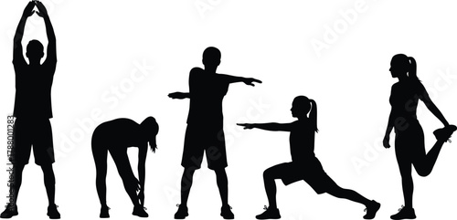 Workout and Stretching Silhouettes Set People Performing Fitness Warm-up Exercises Black Vector