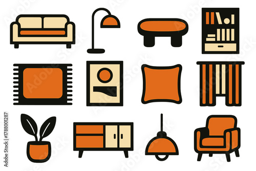 Brutalist Interior Icons. Contemporary interiors silhouette icon set: sofa, floor lamp, coffee table, bookshelf, rug, framed art, cushion, curtain, houseplant, sideboard, pendant