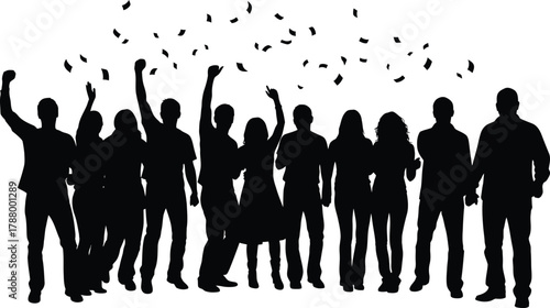 Celebration crowd silhouettes with confetti in black and white vector illustration for party success or event