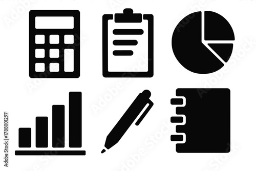 Brutalist Finance Icons. Financial Planning silhouette icon set: calculator, clipboard, pie chart, bar graph, pen, notebook.