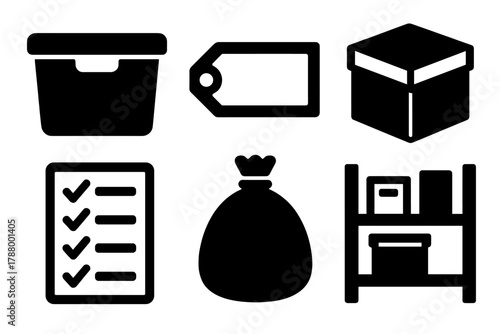 Brutalist Declutter Icons. Declutter Essentials silhouette icon set: storage bin, label, box, checklist, trash bag, shelf.