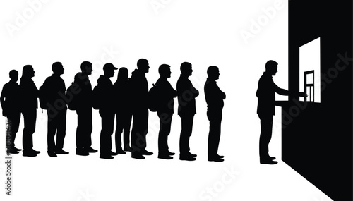 People in queue silhouette waiting at service counter or ticket window minimalist vector graphic